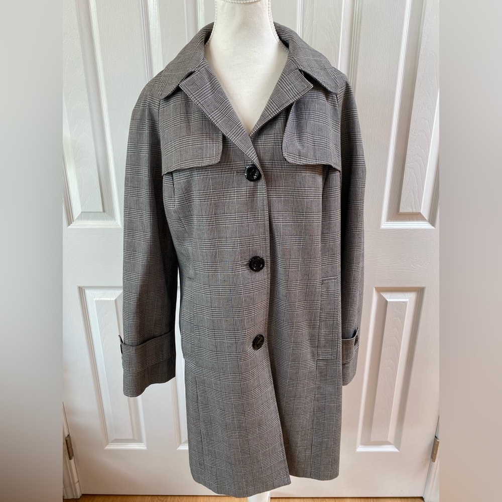 Calvin Klein Black & White Glen Plaid Long Line Hooded Trench Coat Size M
